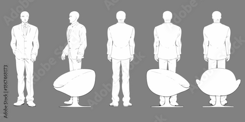 Line art illustration of men in suits and modern chair designs on gray