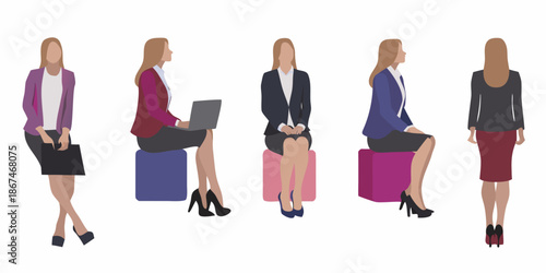 A series of stylized women in business attire seated on colorful blocks