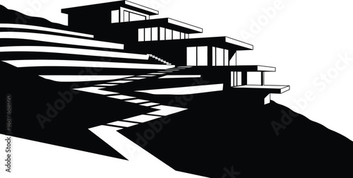 Modern hillside house silhouette with dramatic sloped terrain and minimalist architecture illustration for poster,print,branding,and vector art.
