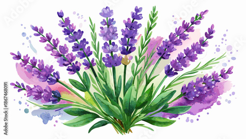 Very beautiful watercolor painting of a fragrant lavender bouquet with delicate purple blossoms and soft green leaves, expressing calm elegance, botanical beauty, and a peaceful natural mood.