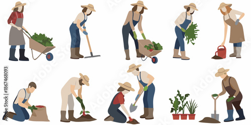 Gardeners tending to plants a collection of illustrations in a simple style