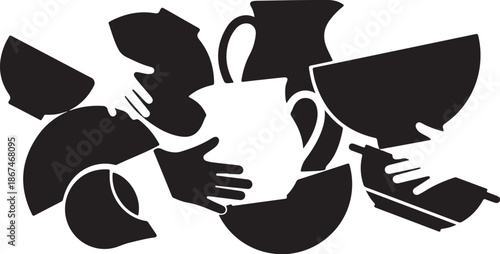 Hands holding broken ceramic pieces and dishes