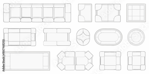 Various furniture top down views sofas tables and chairs illustrated in outline