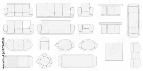 An overhead view of various furniture outlines including sofas and tables