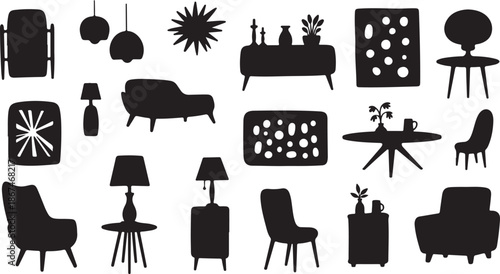 Mid century modern furniture silhouettes on white background