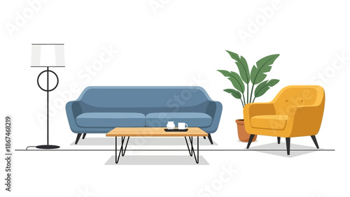 Modern Living Room Interior with Blue Sofa and Yellow Armchair