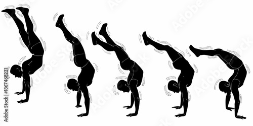 A series of silhouettes depicting a person performing a handstand progression