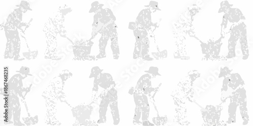 Silhouettes of gardeners working with tools in a repetitive pattern