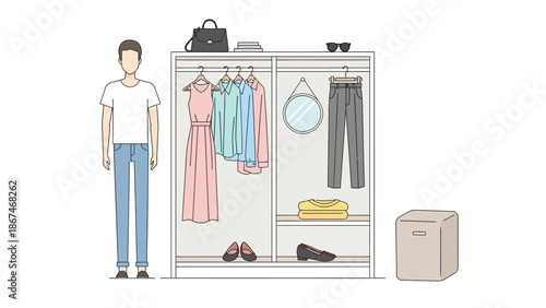 Man Standing Next To Open Wardrobe With Clothes, Shoes, Bag