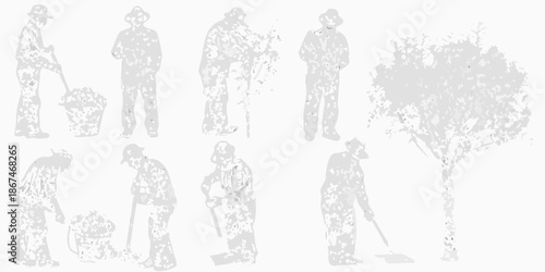 Silhouettes of gardeners tending to their work with a nearby tree