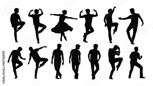 Silhouettes of dancers in various dynamic poses showcasing movement and artistry