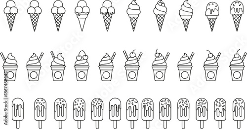 Ice cream line art collection featuring black vector outlines of waffle cones soft serve sundaes and popsicles for dessert menu coloring books.