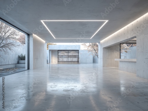 Minimalist modern garage interior showcasing an empty space with polished concrete flooring and sleek lighting, designed for contemporary automotive needs and functionality