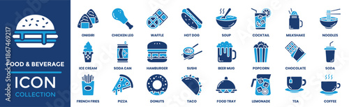 Food and Beverage icon set collection. Containing onigiri, chicken leg, waffle, hot dog, soup, sushi, hamburger and more. Solid vector icons collection