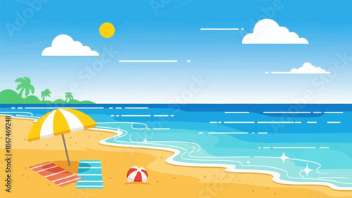Sunny Beach Scene With Ocean Waves And Summer Fun