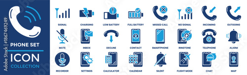 Phone set icon set collection. Containing signal, charging, low battery, missed call, ringtone, chat, map and more. Solid vector icons collection