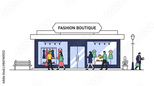 Fashion boutique storefront with people shopping and browsing clothes