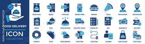 Food Delivery icon set collection. Containing food pack, order, voucher, burger, bill, pizza, courier and more. Solid vector icons collection