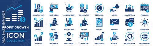 Profit Growth icon set collection. Containing income, report, mailing, money, expansion, incentive, insurance and more. Solid vector icons collection