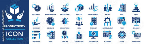 Productivity icon set collection. Containing efficiency, increase, priorities, goal timeline, knowledge, deadline and more. Solid vector icons collection