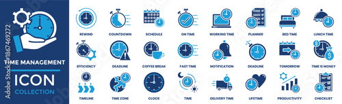 Time Management icon set collection. Containing rewind, countdown, schedule, on time, working time, planner, bed time and more. Solid vector icons collection