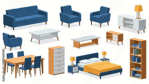 Modern Furniture Collection: Sofa, Bed, Table, Chairs, Shelves