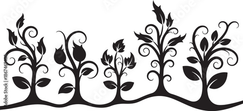 Black Silhouette Trees with Leaves and Twirling Branches