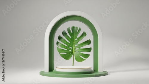 Modern green archway with large leaf on white pedestal