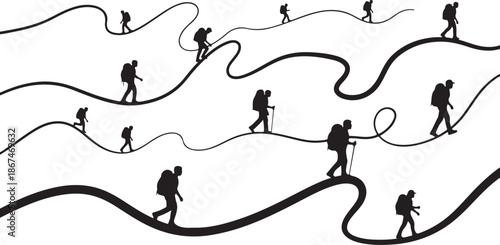 Silhouette of people hiking on winding mountain trails together