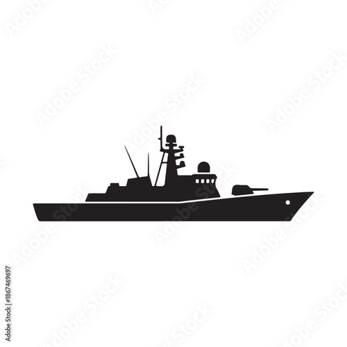 Silhouette of a modern naval warship isolated on a transparent background