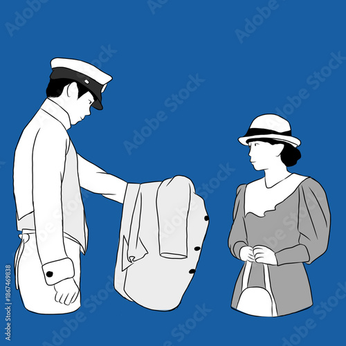 Vintage Style Illustration of a Man in Uniform Giving His Jacket to a Woman
