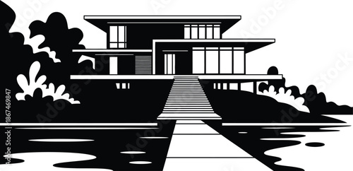 Modern waterfront house silhouette illustration with symmetrical pathway reflection and minimalist architecture style for poster,print,and vector art.