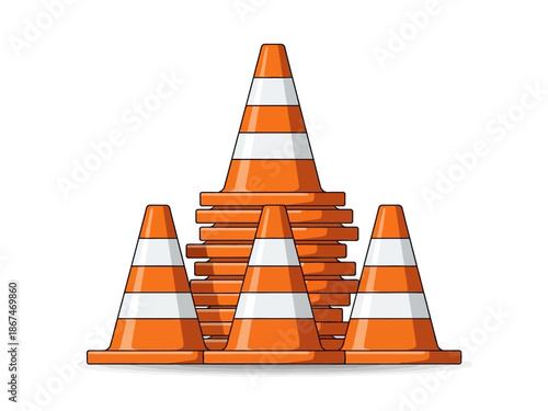Construction zone illustration Orange traffic cones for road safety and hazard warnings on a white background