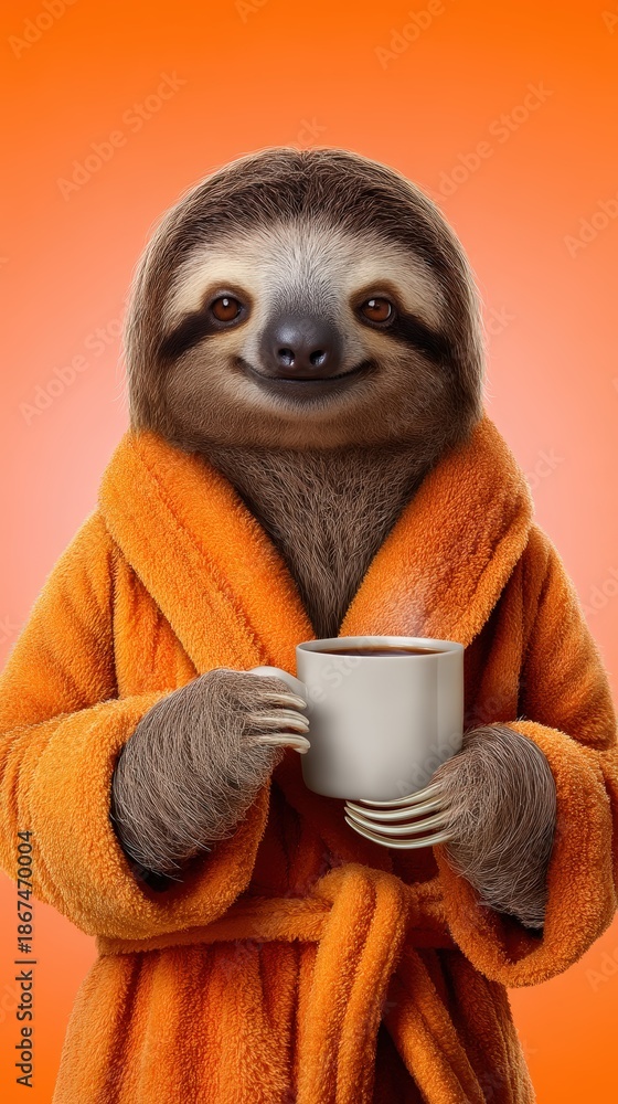 Fototapeta premium Cute Sloth in Orange Bathrobe Holding a Hot Cup of Coffee