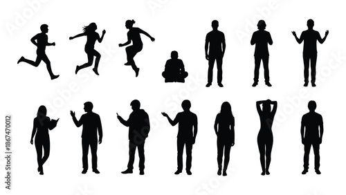 Collection of black silhouette figures depicting people in various poses and activities