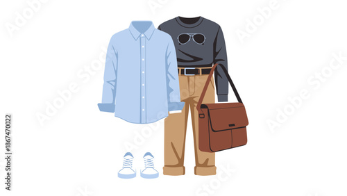 Casual Outfit Flat Lay: Shirt, Sweater, Pants, Bag, Sneakers