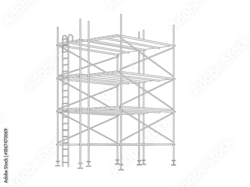 Detailed Illustration of a Steel Scaffolding Structure Against a White Background