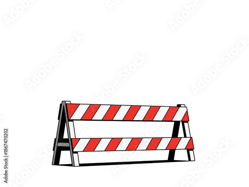 Red and white striped construction barrier. Road work safety sign against white background