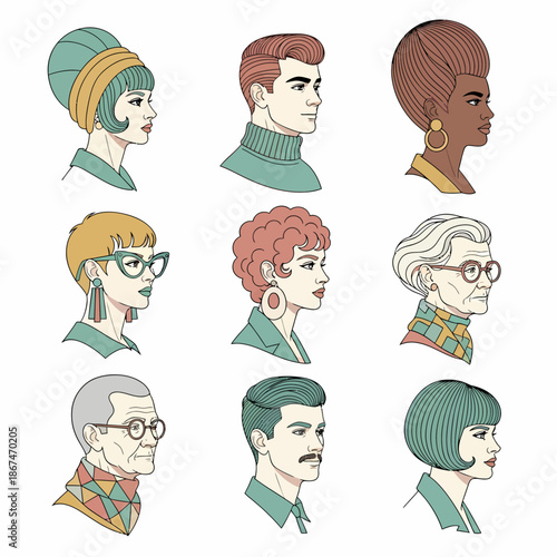 Diverse group of people profile icons in a grid layout showcasing various portrait icons and icon designs