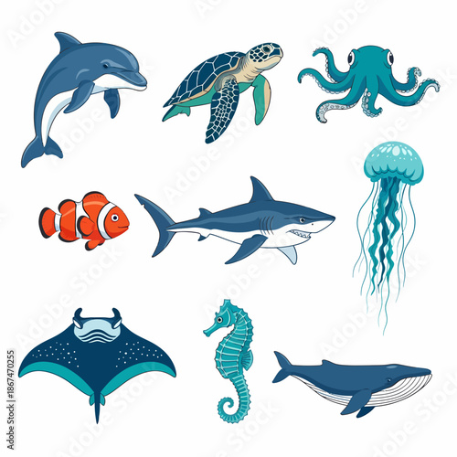 Assorted Marine Life Icon Set Featuring Dolphin, Turtle, Octopus, Clownfish, Shark, Jellyfish, Manta Ray, Seahorse, and Whale for Profile and Portrait Icon Use