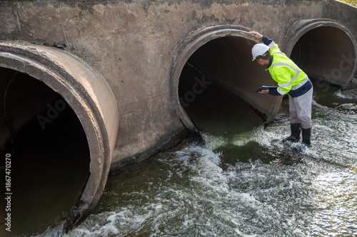Field Engineer Monitoring Water Flow Through Concrete Culvert Structure
