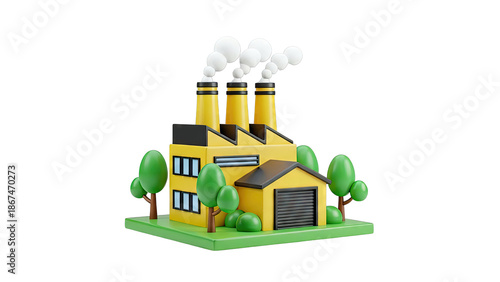 Cartoon Factory with Smoking Chimneys and Green Trees