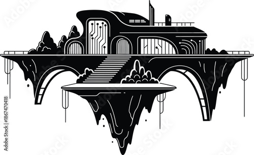 Surreal floating island house illustration with dripping rock formations and fantasy architecture style for concept art,poster,print,and vector design.