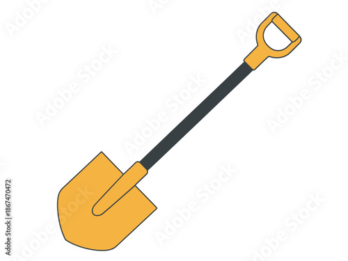 Illustration of a yellow shovel with a dark grey handle on a white background, perfect for construction