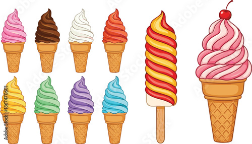 Colorful ice cream icon collection featuring vector designs of soft serve cones in various flavors and spiral fruit popsicles for dessert menus.