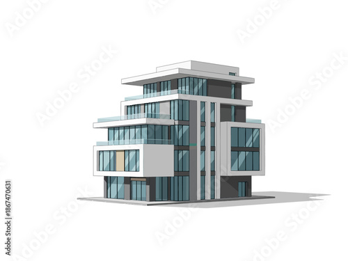 Modern Architectural Illustration of a Multi-Story Residential Building with Balconies and Glass Walls