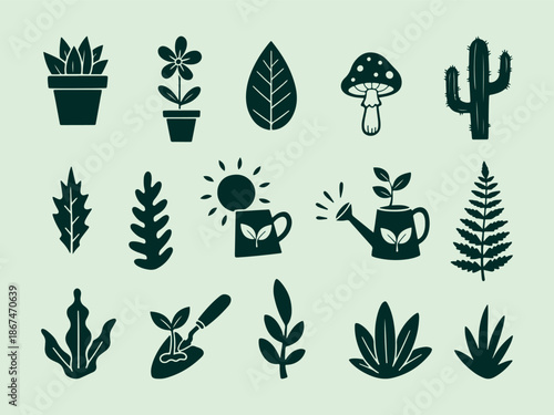 Minimal gardening and nature icon set with plants, leaves, cactus, watering can and eco elements in flat style