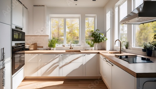 bright minimalist kitchen with matte white cabinets and oak countertops sunlight streaming through large windows interior photography for modern home design and lifestyle branding