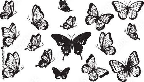 Black and white butterfly silhouettes with paint splatters in various sizes and orientations