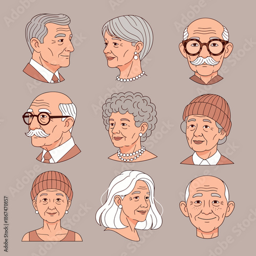 Icon Collection of Diverse Senior Citizens in Various Portrait Icons and Profiles